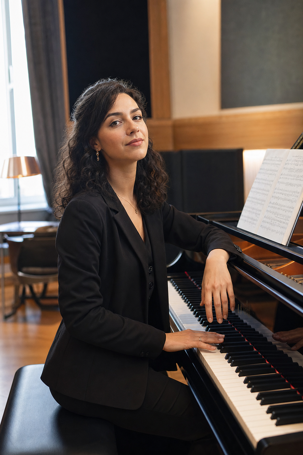 Ilaria Bianco, fondatrice di Melodia Studio, al piano nel suo studio di composizione a Salerno