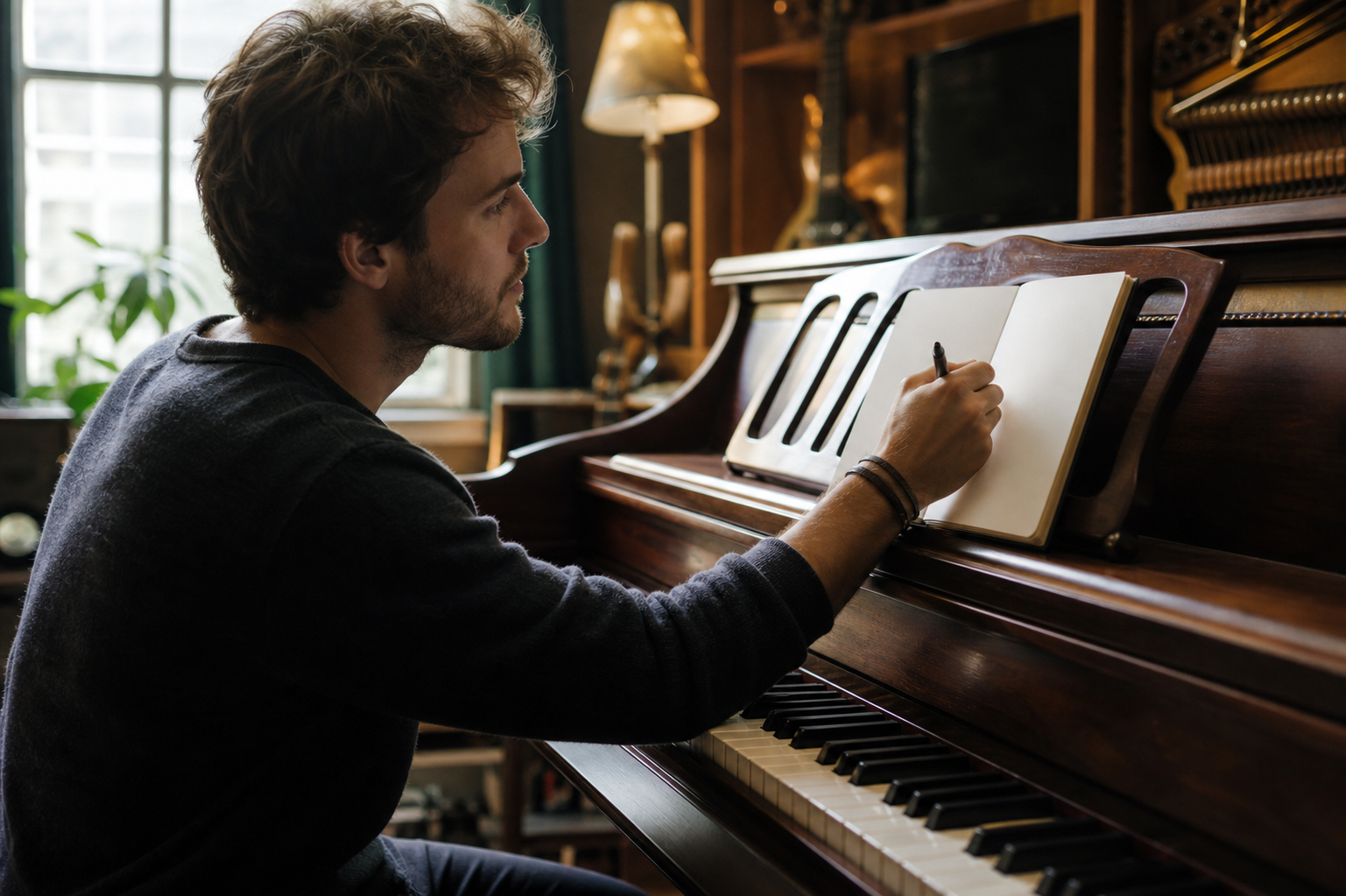Ilaria Bianco al piano mentre scrive un testo su un quaderno appoggiato al leggio