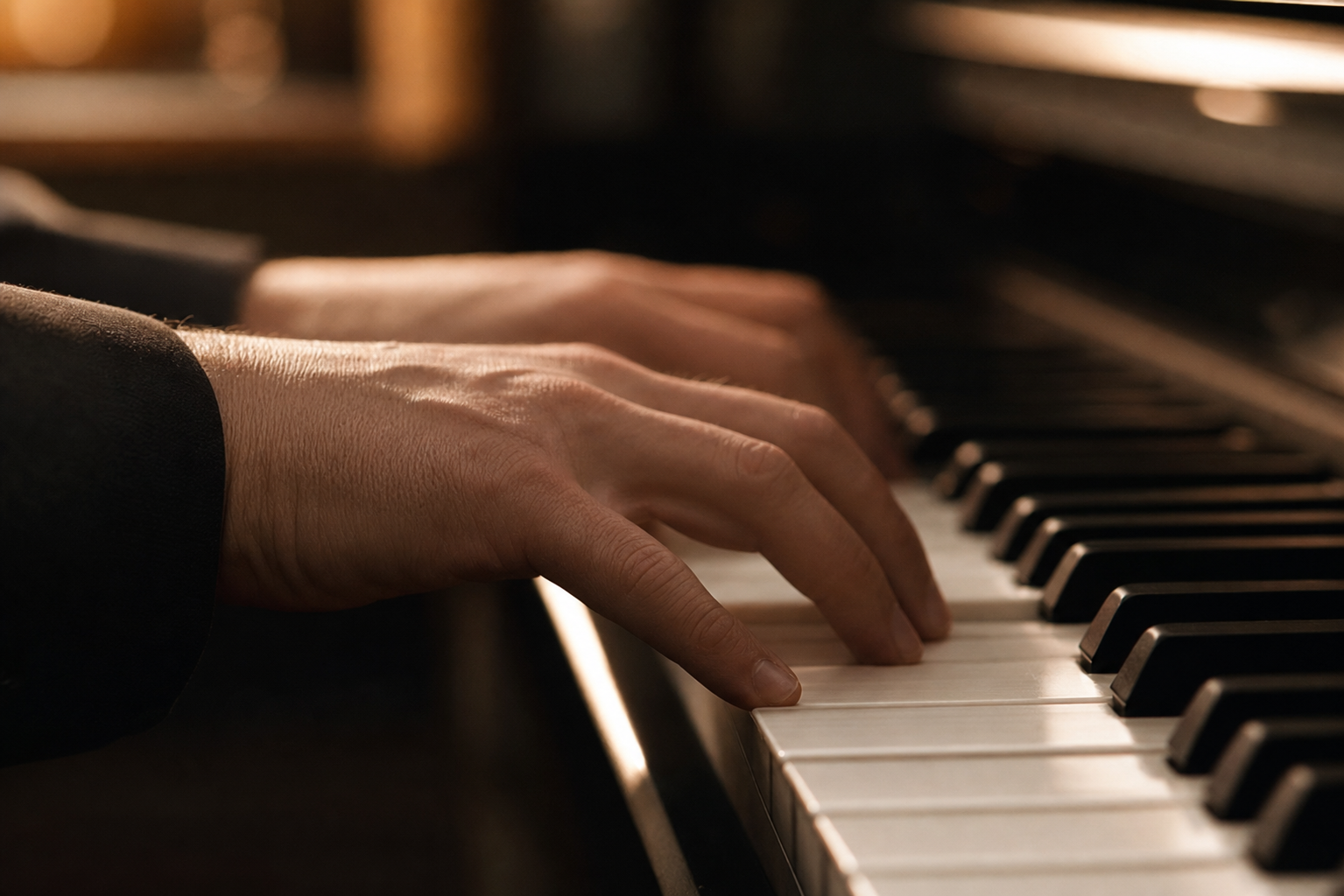 Primo piano di mani che suonano i tasti del piano in luce calda