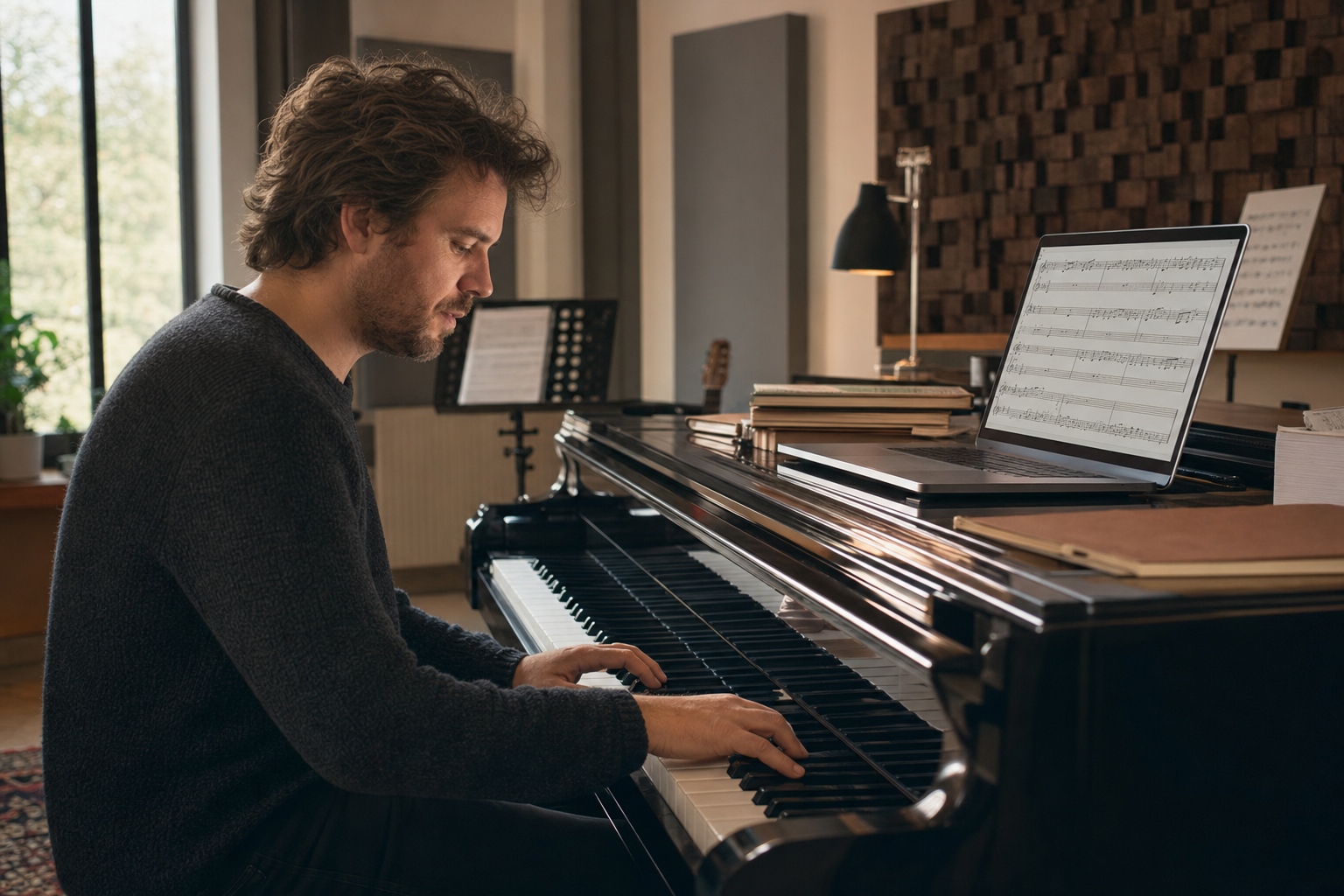 Compositore al piano con laptop e software di notazione musicale aperto
