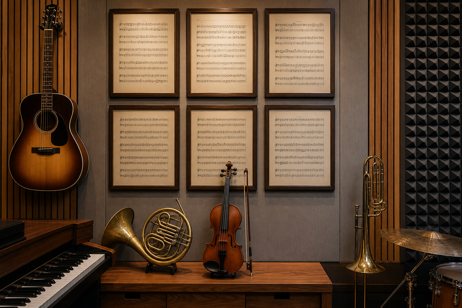 Parete dello studio con spartiti incorniciati e strumenti musicali